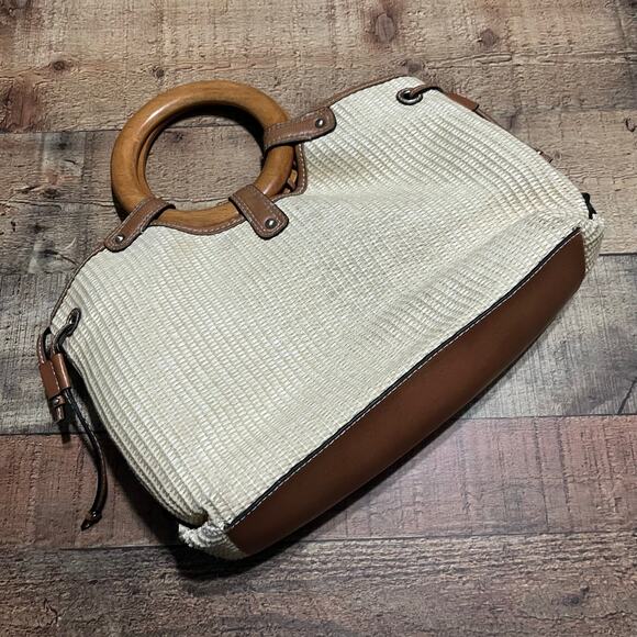 Y2K Fossil Brown Woven Straw Wooden Round Handles Satchel Purse Bag - Picture 2 of 8